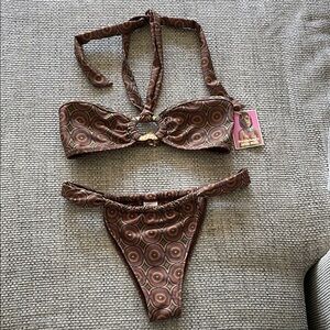 Strawberry Milk Mob Brown Retro Circle Print Bikini